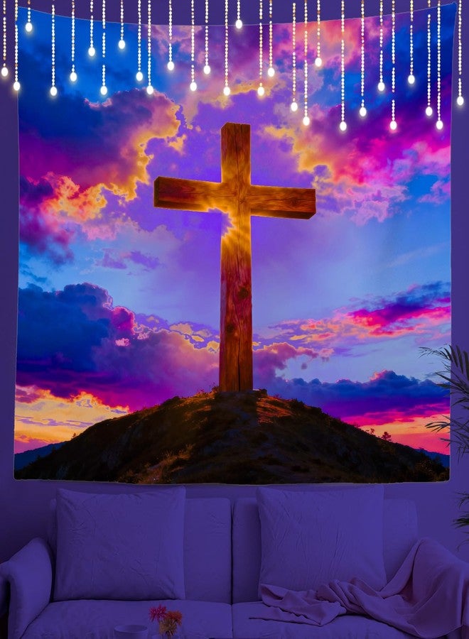 Shrahala Orange Cross At Sunset Wall Tapestry, Black Easter Wall Hanging Blacklight Tapestry Polyester Fiber White Hem Around For Dorm Room Bedroom 39.1 X 59.1 In - Image 1